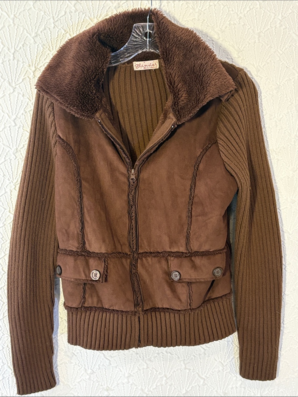 Y2K Glimmer by J.J. Basics suede and knit jacket with brown fur.  Size small.